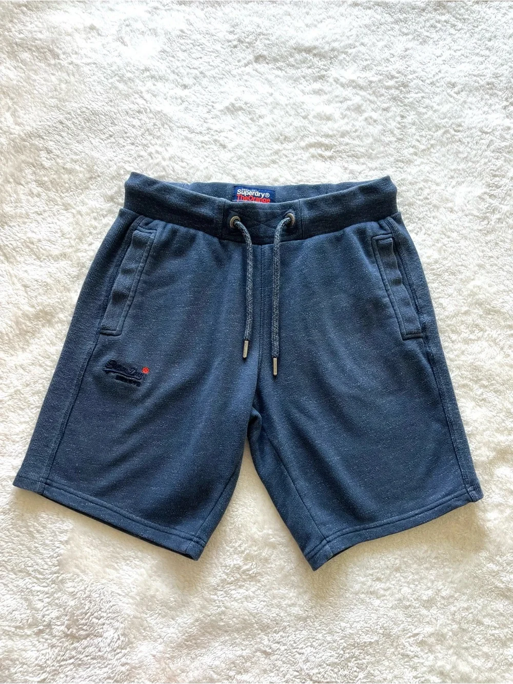 Superdry Navy Sweatshorts with Orange Logo Patch Size Medium